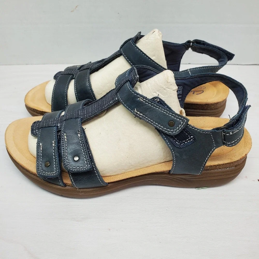 Clarks Collection Adjustable Sandals April Cove Black Leather Womens 9 Comfort